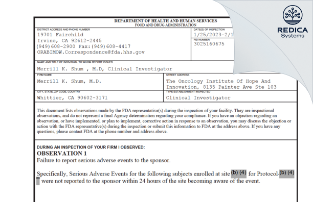 FDA 483 - Merrill K. Shum, M.D. [Whittier / United States of America] - Download PDF - Redica Systems