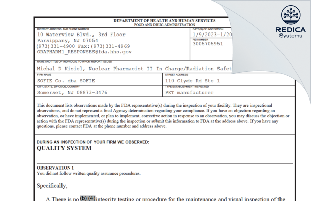 FDA 483 - SOFIE Co. dba SOFIE [Jersey / United States of America] - Download PDF - Redica Systems