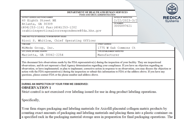 FDA 483 - MiMedx Group, Inc. [Marietta / United States of America] - Download PDF - Redica Systems