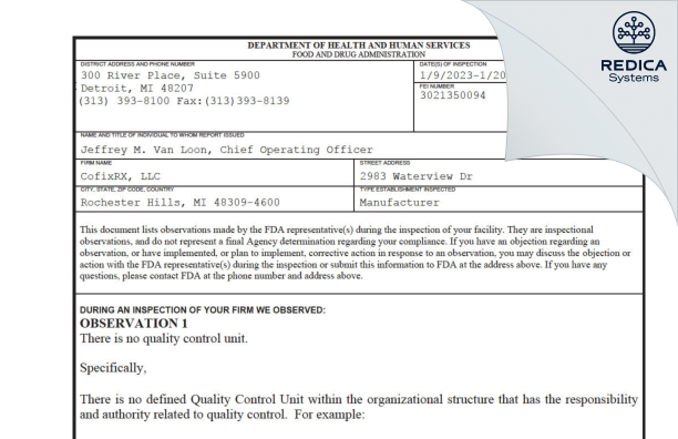 FDA 483 - CofixRX, LLC [Rochester Hills / United States of America] - Download PDF - Redica Systems