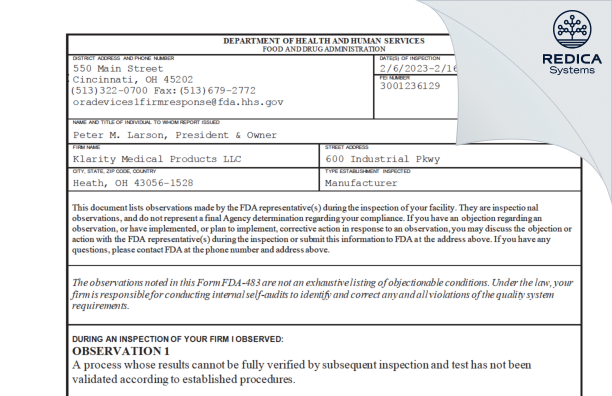FDA 483 - Klarity Medical Products LLC [Heath / United States of America] - Download PDF - Redica Systems