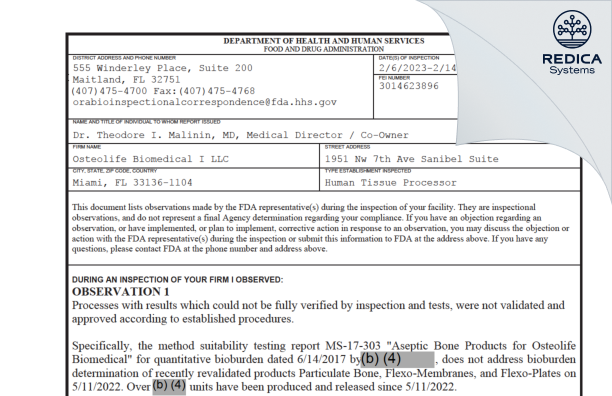 FDA 483 - Osteolife Biomedical I LLC [Miami / United States of America] - Download PDF - Redica Systems
