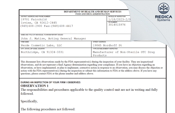 FDA 483 - Verde Cosmetics Labs, LLC [California / United States of America] - Download PDF - Redica Systems