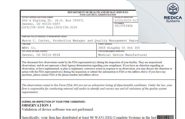 FDA 483 - WAVi Co. [Denver / United States of America] - Download PDF - Redica Systems
