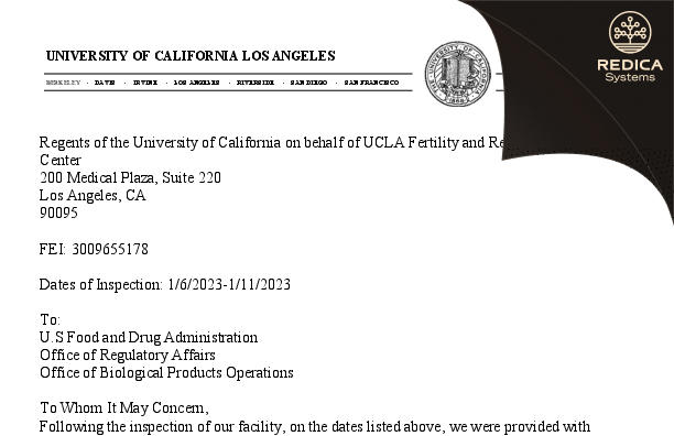 FDA 483 Response - Regents of the University of California on behalf of UCLA Fertility and Reproductive Health Center [Los Angeles / United States of America] - Download PDF - Redica Systems