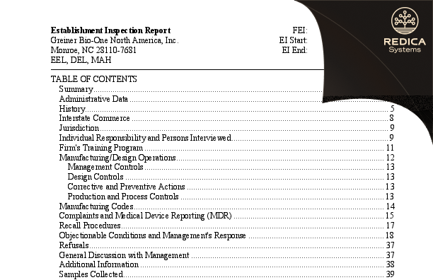 EIR - Greiner Bio-One North America, Inc. [Monroe / United States of America] - Download PDF - Redica Systems