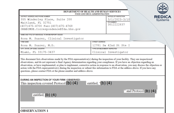 FDA 483 - Rosa M. Suarez, M.D. [Miami / United States of America] - Download PDF - Redica Systems