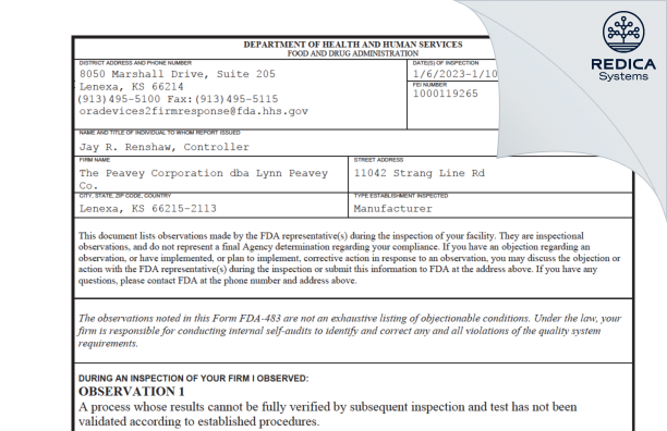 FDA 483 - The Peavey Corporation dba Lynn Peavey Co. [Lenexa / United States of America] - Download PDF - Redica Systems