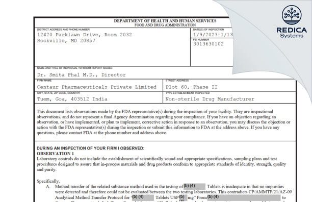 FDA 483 - Centaur Pharmaceuticals Private Limited [Pernem / India] - Download PDF - Redica Systems