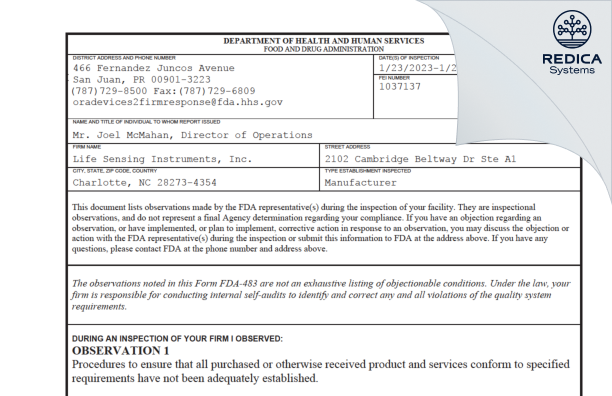 FDA 483 - Life Sensing Instruments, Inc. [Charlotte / United States of America] - Download PDF - Redica Systems