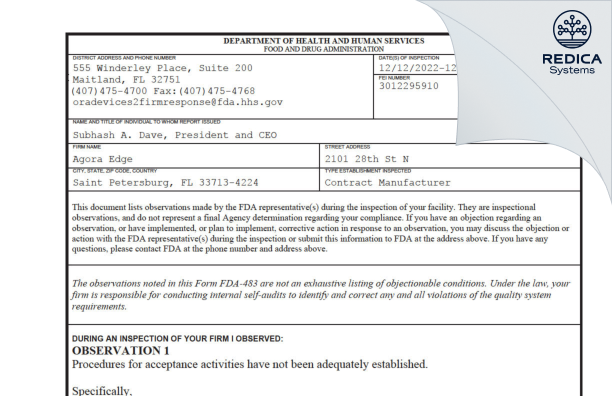 FDA 483 - Agora Edge [Saint Petersburg / United States of America] - Download PDF - Redica Systems