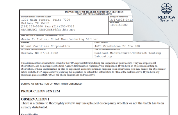 FDA 483 - Alcami Carolinas Corporation [Durham / United States of America] - Download PDF - Redica Systems