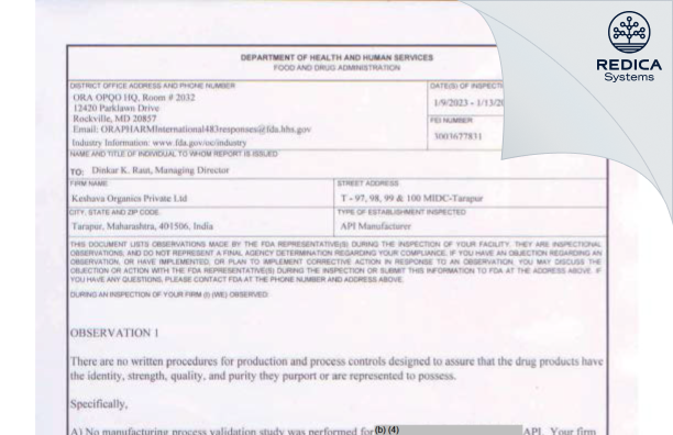 FDA 483 - Keshava Organics Private Limited [India / India] - Download PDF - Redica Systems