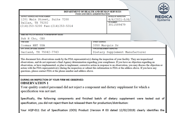 FDA 483 - Cosmax Nbt Usa, Inc. [Garland / United States of America] - Download PDF - Redica Systems
