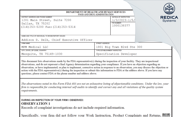 FDA 483 - MPM Medical LLC [Mesquite / United States of America] - Download PDF - Redica Systems