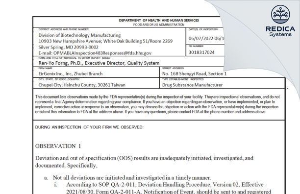 FDA 483 - EirGenix Inc [Zhubei City / Taiwan] - Download PDF - Redica Systems