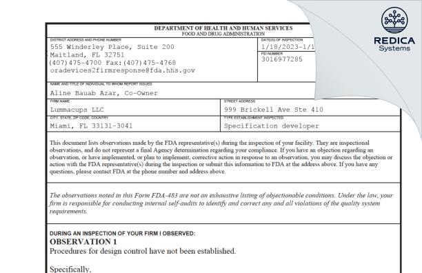 FDA 483 - Lummacups LLC [Miami / United States of America] - Download PDF - Redica Systems