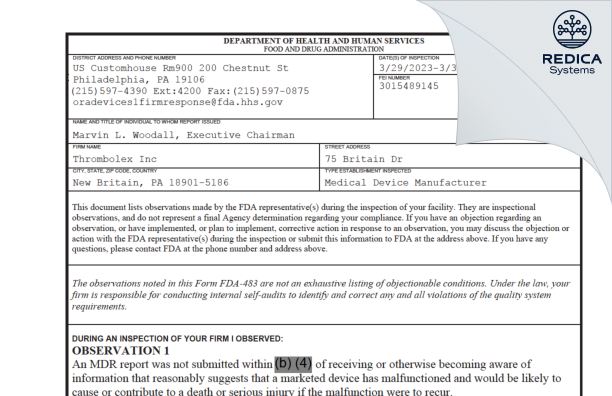 FDA 483 - Thrombolex Inc [New Britain / United States of America] - Download PDF - Redica Systems