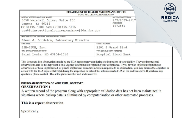 FDA 483 - SSM-SLUH, Inc. [Saint Louis / United States of America] - Download PDF - Redica Systems