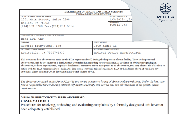 FDA 483 - Genesis Biosystems, Inc [Lewisville / United States of America] - Download PDF - Redica Systems