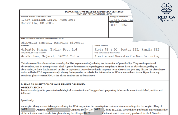FDA 483 - Galentic Pharma (India) Private Limited [India / India] - Download PDF - Redica Systems