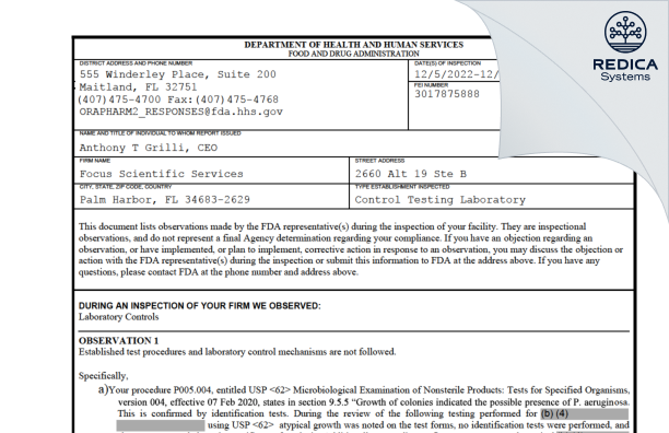FDA 483 - FOCUS Scientific Services [Palm Harbor Florida / United States of America] - Download PDF - Redica Systems
