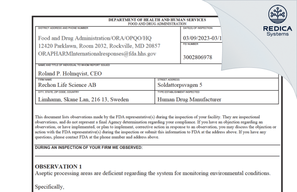 FDA 483 - Rechon Life Science AB [Limhamn / Sweden] - Download PDF - Redica Systems