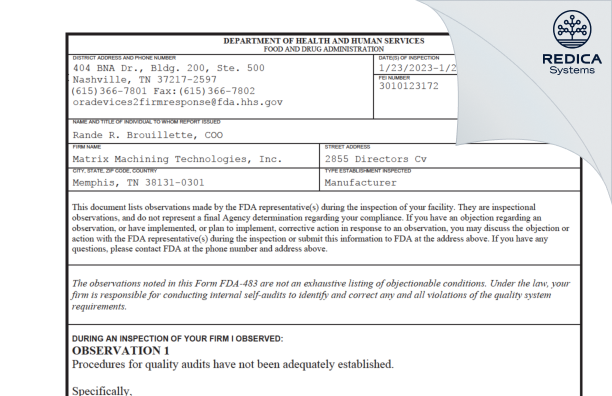 FDA 483 - Matrix Machining Technologies, Inc. [Memphis / United States of America] - Download PDF - Redica Systems