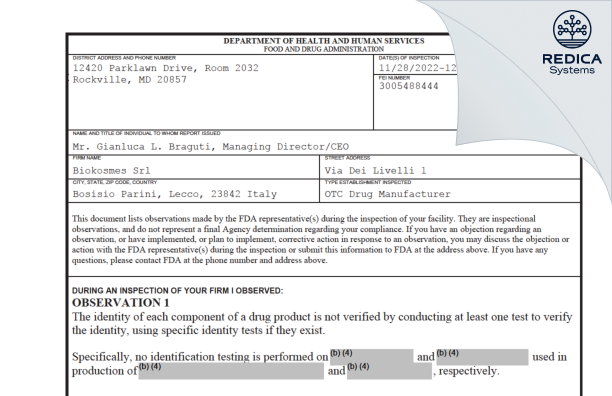FDA 483 - Biokosmes SRL [Italy / Italy] - Download PDF - Redica Systems