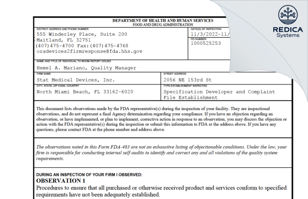 FDA 483 - Stat Medical Devices, Inc. [North Miami Beach / United States of America] - Download PDF - Redica Systems