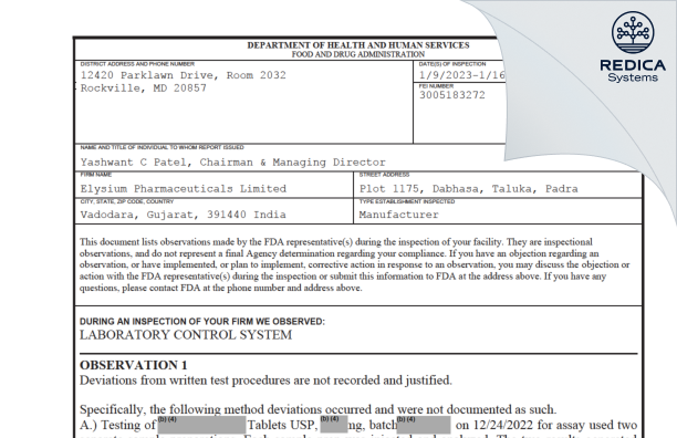 FDA 483 - ELYSIUM PHARMACEUTICALS LIMITED [India / India] - Download PDF - Redica Systems