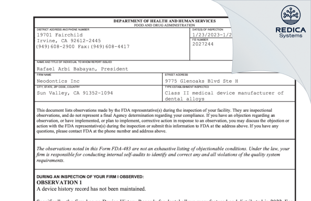 FDA 483 - Neodontics Inc [Sun Valley / United States of America] - Download PDF - Redica Systems