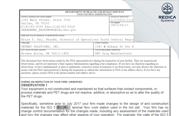 FDA 483 - PETNET SOLUTIONS, INC. [Broken Arrow / United States of America] - Download PDF - Redica Systems
