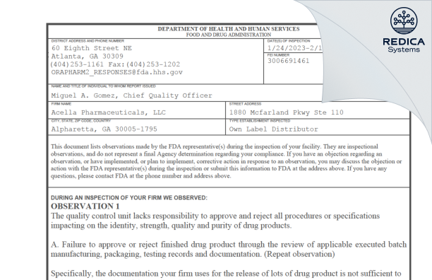 FDA 483 - Acella Pharmaceuticals, LLC [Alpharetta Georgia / United States of America] - Download PDF - Redica Systems