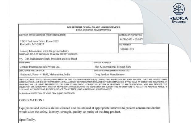 FDA 483 - Centaur Pharmaceuticals Private Limited [Pune / India] - Download PDF - Redica Systems
