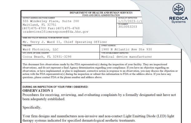 FDA 483 - Ward Photonics, LLC [Cocoa Beach / United States of America] - Download PDF - Redica Systems