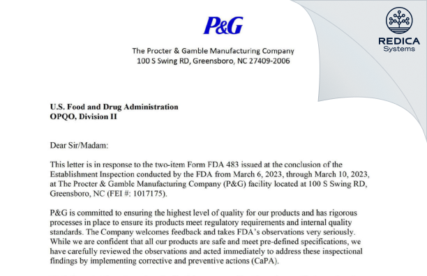 FDA 483 Response - The Procter & Gamble Manufacturing Company [Greensboro / United States of America] - Download PDF - Redica Systems