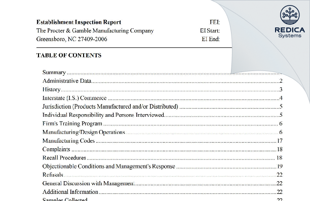 EIR - The Procter & Gamble Manufacturing Company [Greensboro / United States of America] - Download PDF - Redica Systems