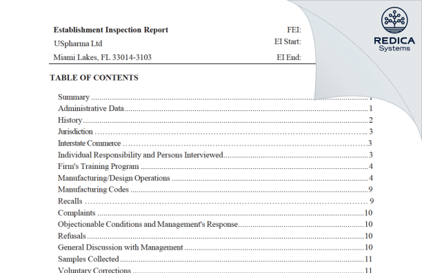 EIR - USpharma Ltd [Florida / United States of America] - Download PDF - Redica Systems