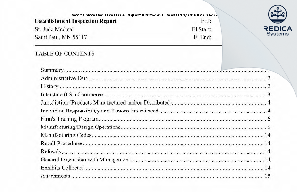 EIR - St. Jude Medical [Saint Paul / United States of America] - Download PDF - Redica Systems