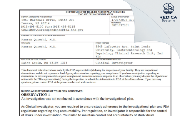 FDA 483 - Kamran Qureshi, M.D. [Saint Louis / United States of America] - Download PDF - Redica Systems