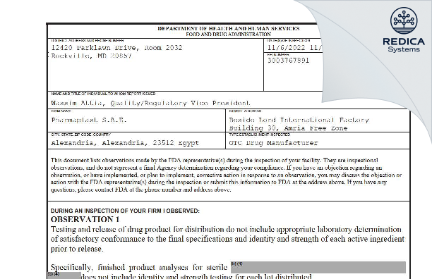 FDA 483 - Pharmaplast SAE [Egypt / Egypt] - Download PDF - Redica Systems