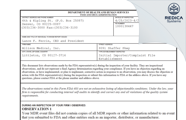 FDA 483 - Allison Medical, Inc. [Littleton / United States of America] - Download PDF - Redica Systems