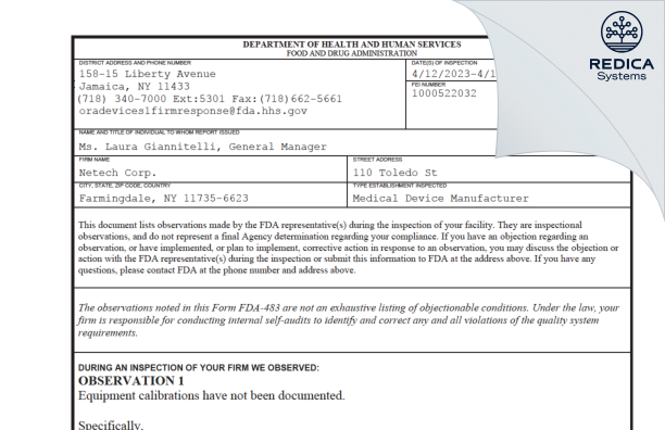 FDA 483 - Netech Corp. [Farmingdale / United States of America] - Download PDF - Redica Systems
