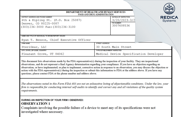 FDA 483 - SteriGear, LLC [Pleasant Grove / United States of America] - Download PDF - Redica Systems