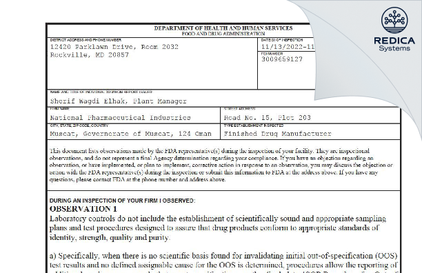 FDA 483 - National Pharmaceutical Industries [Oman / Oman] - Download PDF - Redica Systems