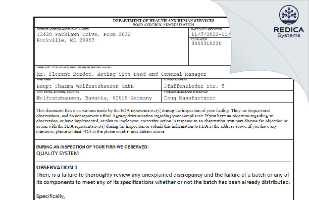 FDA 483 - Haupt Pharma Wolfratshausen GmbH [Wolfratshausen / Germany] - Download PDF - Redica Systems
