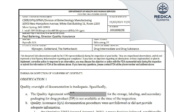 FDA 483 - Byondis B.V. [Nijmegen / Netherlands] - Download PDF - Redica Systems