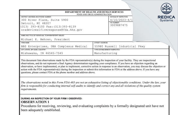 FDA 483 - BBS Enterprises, DBA Complexus Medical [Mishawaka / United States of America] - Download PDF - Redica Systems