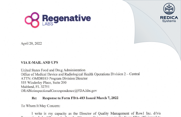 FDA 483 Response - Row1 Inc. dba Regenative Labs [Pensacola / United States of America] - Download PDF - Redica Systems